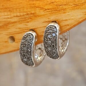 Black Diamond Small Hoop JS 925 Huggie Earrings Rhodium Over Sterling Silver